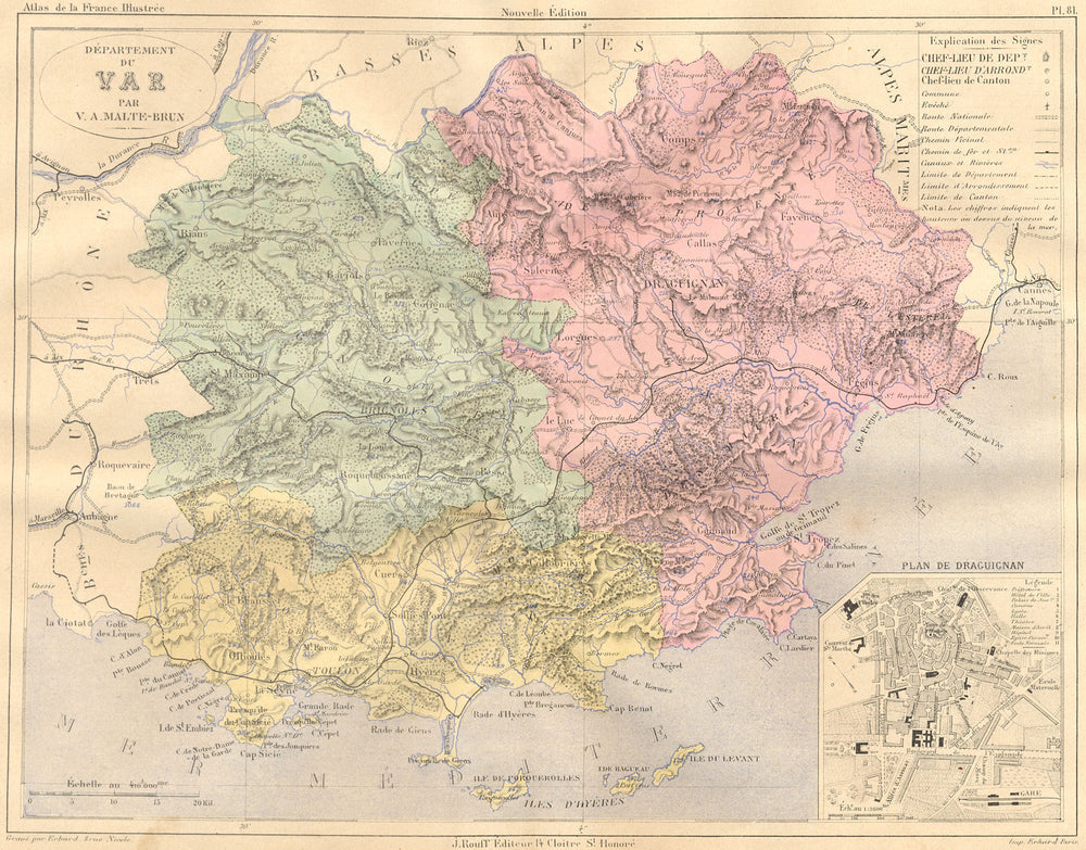 VAR. Departement du; plan de Draguignan 1884 old antique map chart