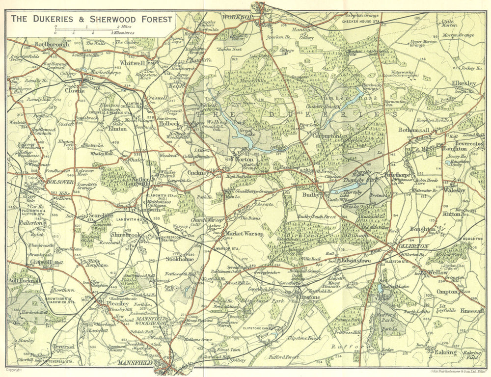 NOTTS. Dukeries & Sherwood Forest 1924 old antique vintage map plan chart