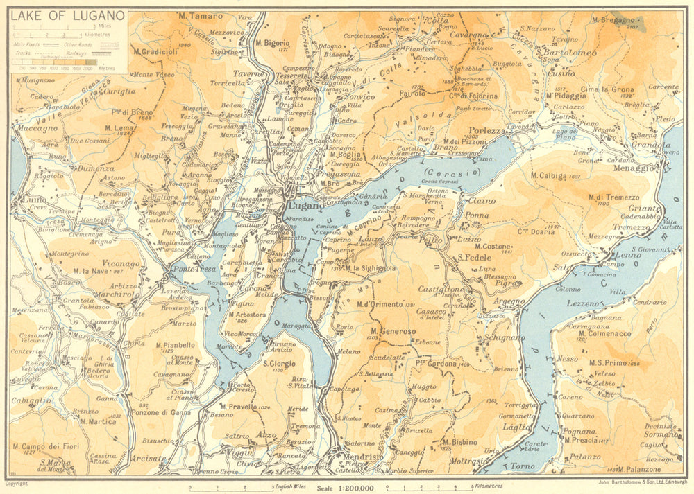 Lake/Lago di Lugano 1953 old vintage map plan chart