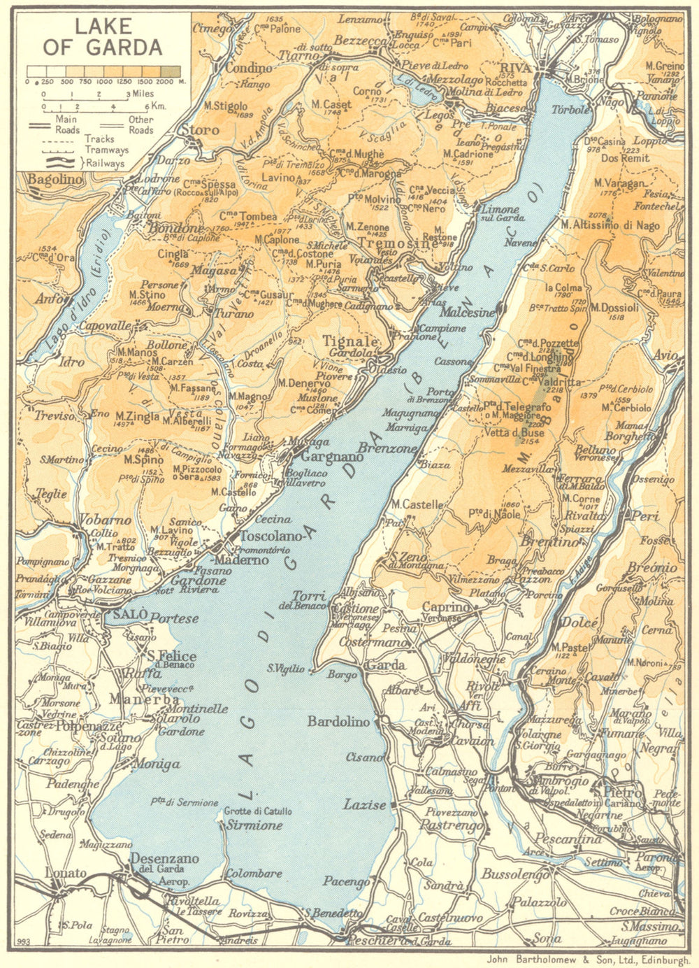 Lake/Lago di Garda 1953 old vintage map plan chart