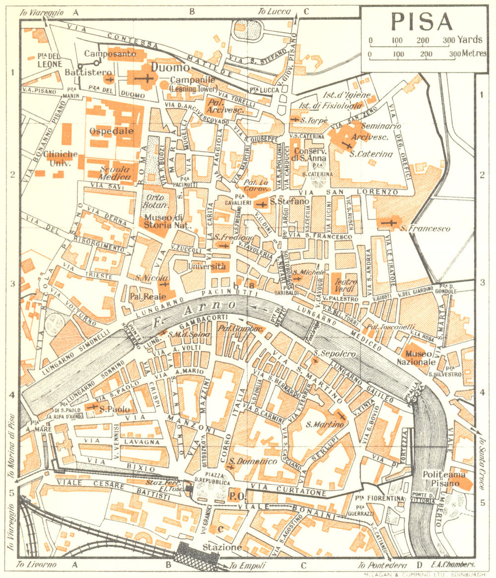 PISA town/city plan. Italy 1953 old vintage map chart