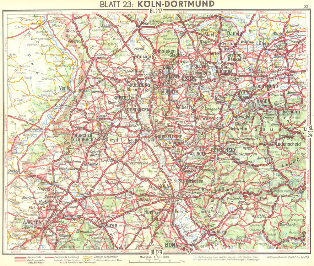 GERMANY. Koln-Dortmund 1936 old vintage map plan chart