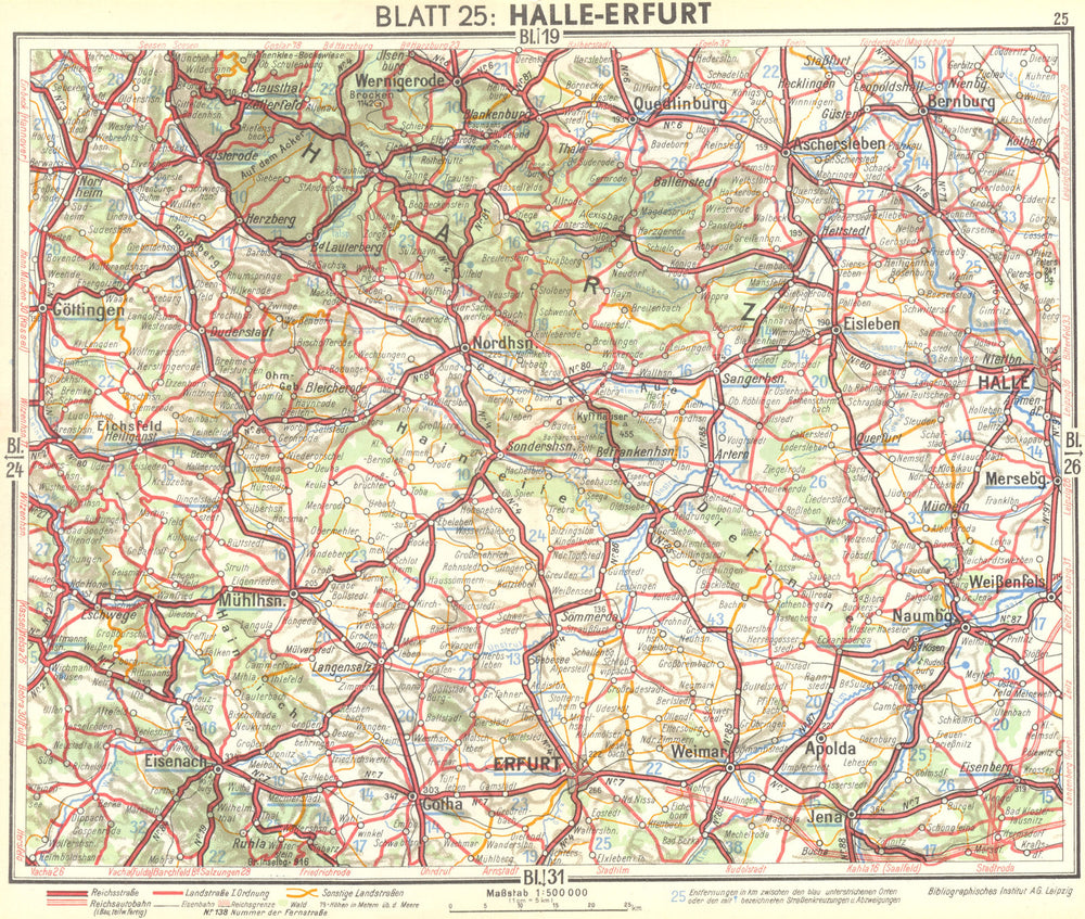 GERMANY. Halle-Erfurt 1936 old vintage map plan chart
