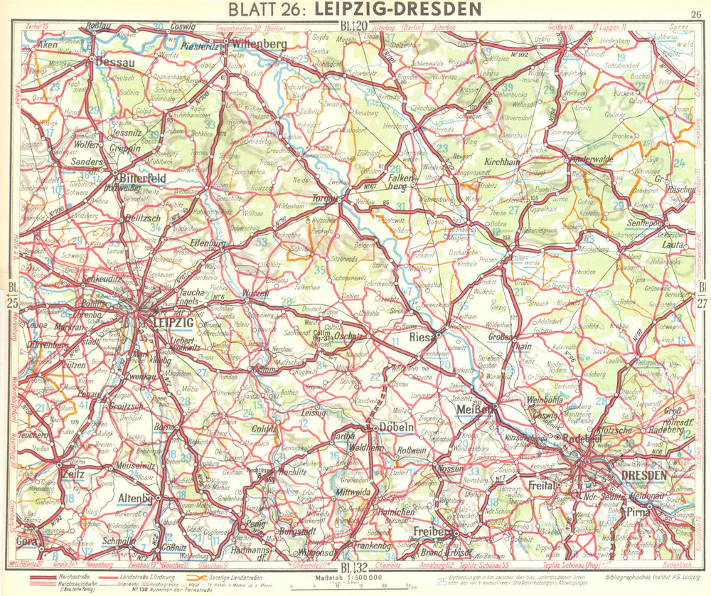 GERMANY. Leipzig-Dresden 1936 old vintage map plan chart