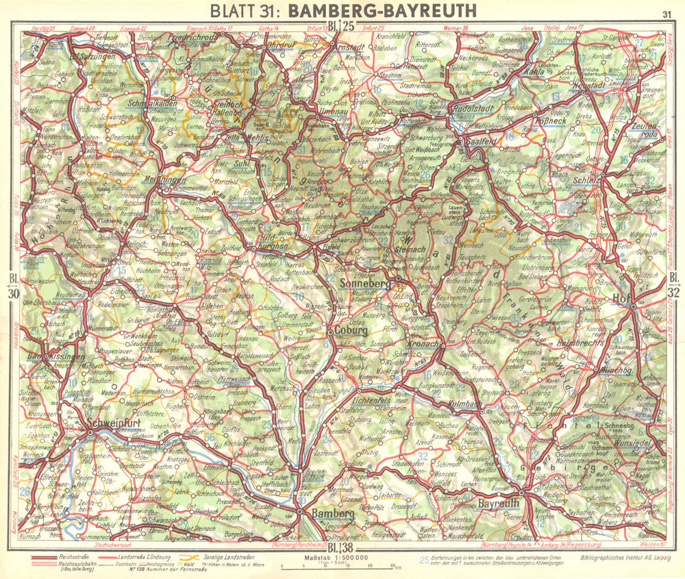 GERMANY. Bamberg-Bayreuth 1936 old vintage map plan chart
