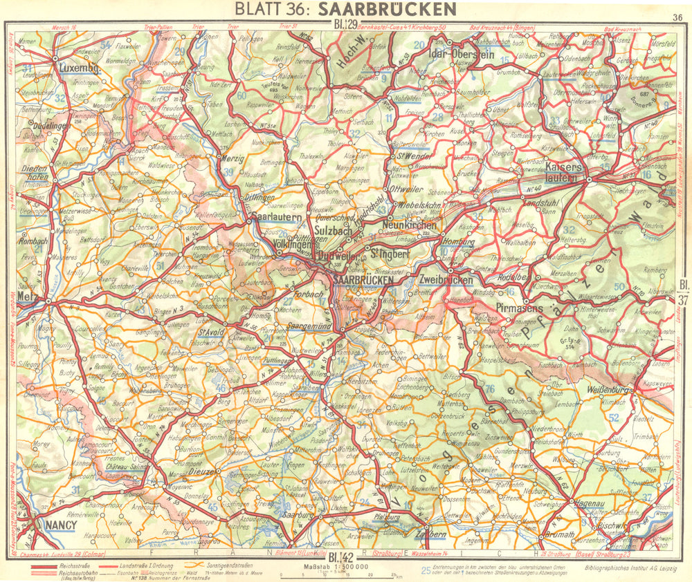GERMANY. Saarbrucken 1936 old vintage map plan chart