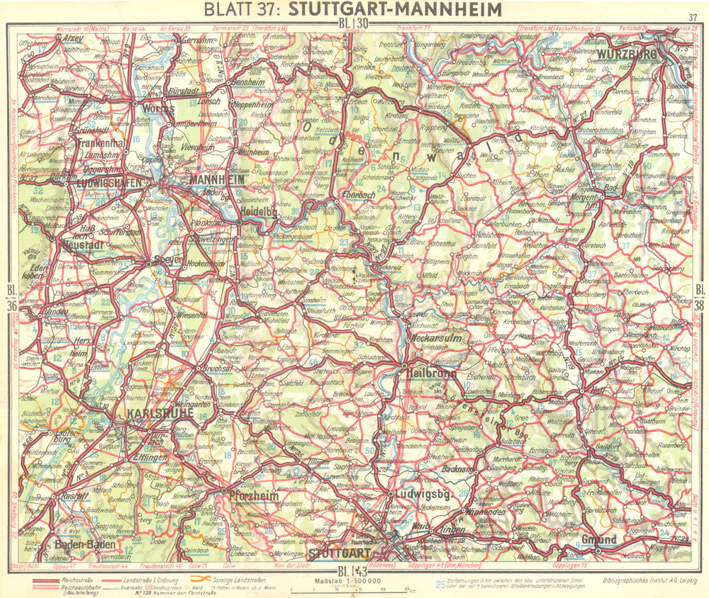 GERMANY. Stuttgart-Mannheim 1936 old vintage map plan chart
