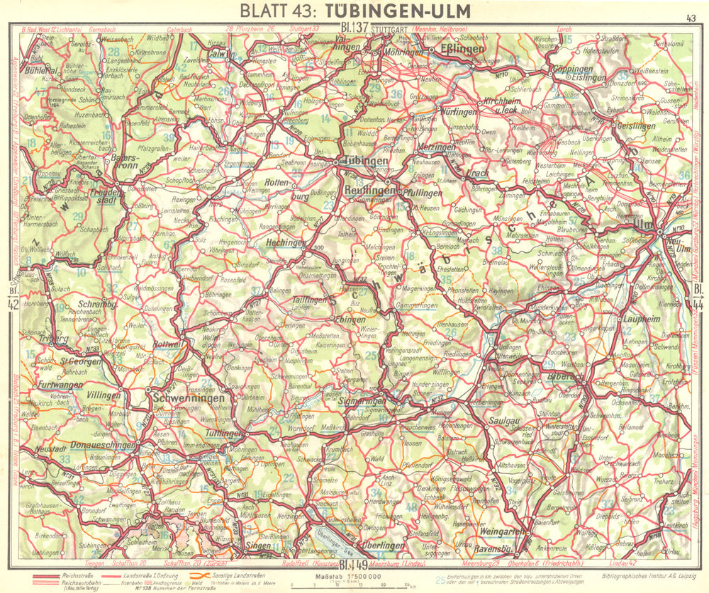 GERMANY. Tubingen-Ulm 1936 old vintage map plan chart