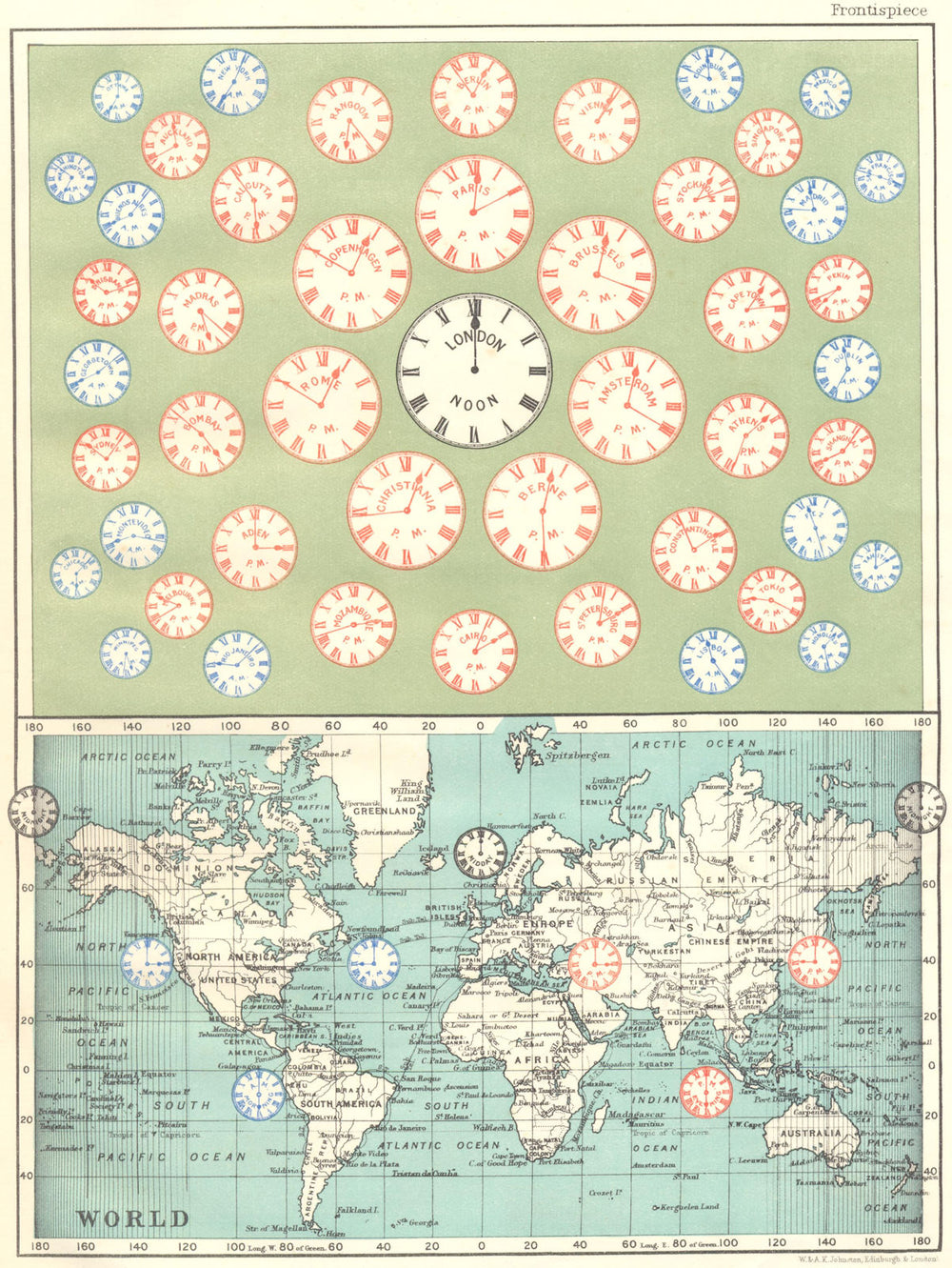 TIME OF ALL NATIONS. predates UTC/standard hourly time zones. JOHNSTON 1899 map