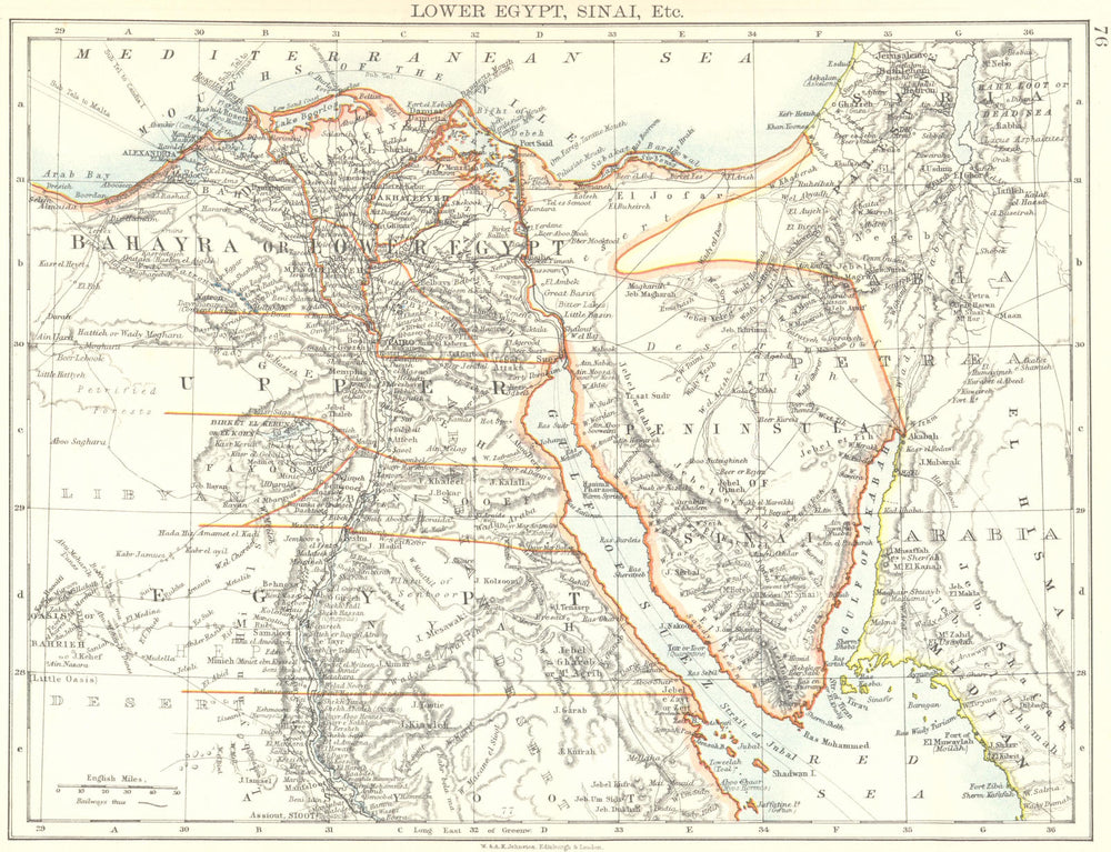 LOWER EGYPT & SINAI. Provinces. Nile valley/delta. Railways. JOHNSTON 1899 map