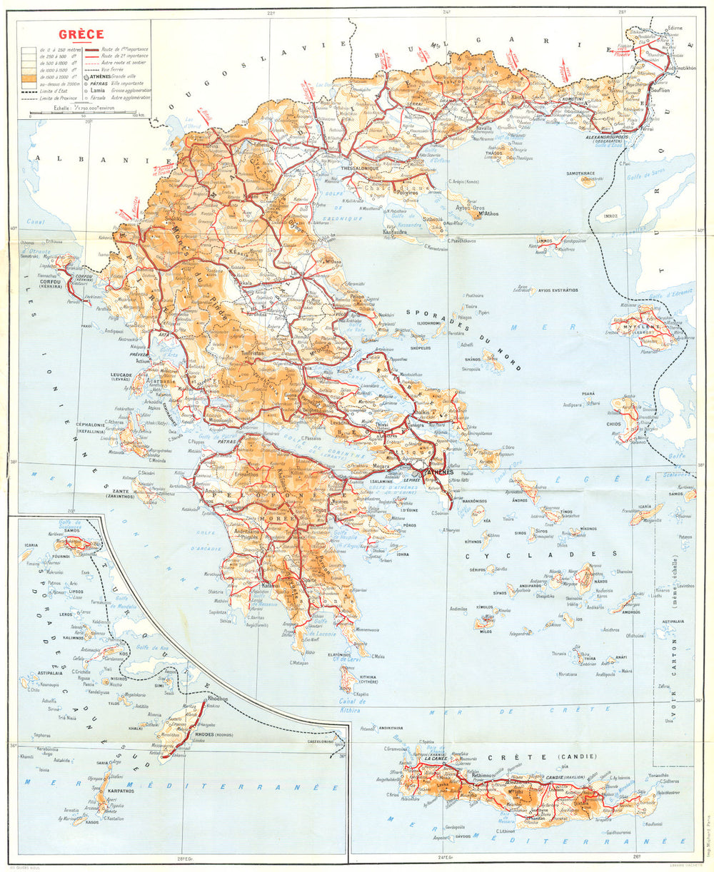 Vintage maps of GREECE. Roads Aegean islands. Grèce. 1956 old vintage