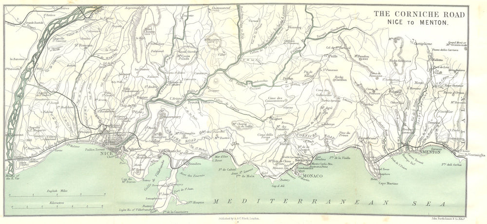 ALPES-MARITIMES. Corniche Nice Monaco Menton 1913 old antique map plan chart
