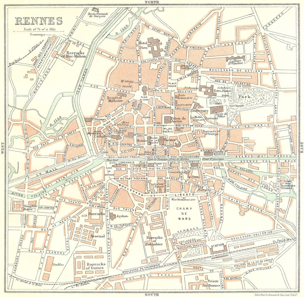 ILLE-VILAINE. Rennes 1923 old antique vintage map plan chart