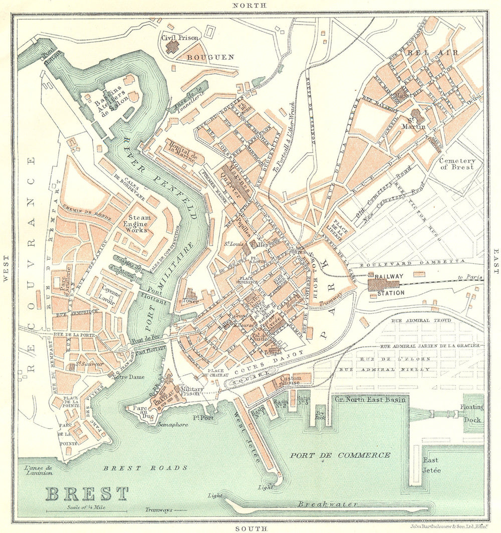 FINISTÈRE. Brest 1923 old antique vintage map plan chart