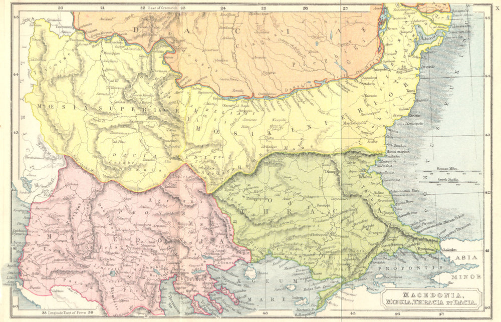 GREECE. Macedonia, Moesia, Thracia Dacia Roman 1908 old antique map plan chart