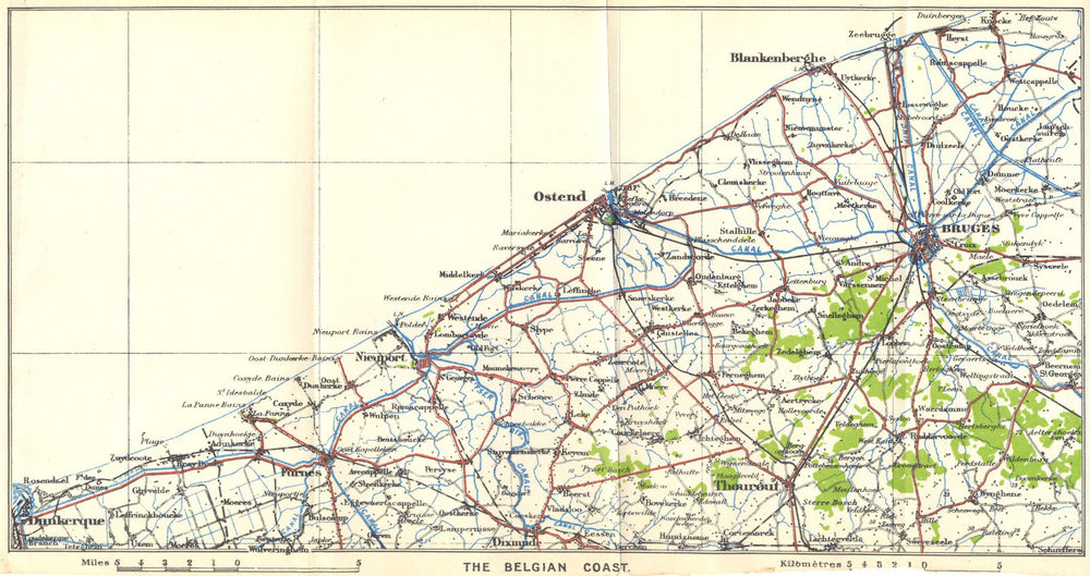 BELGIUM. Dunkirk Dixmude Ghent. Belgian Coast 1924 old antique map plan chart