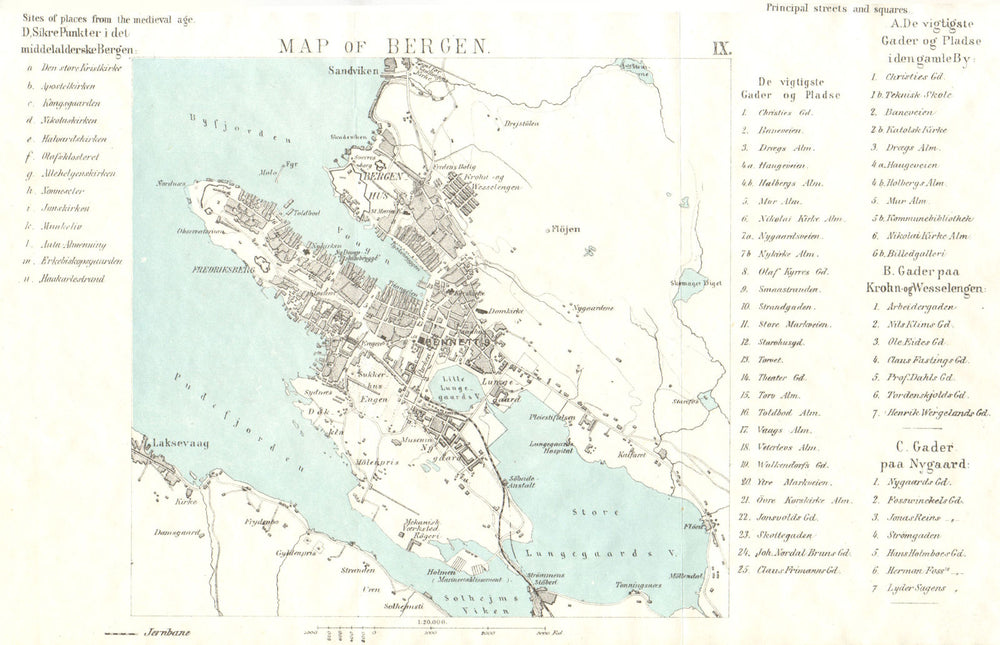 BERGEN antique town city map plan. Norway 1896 old chart