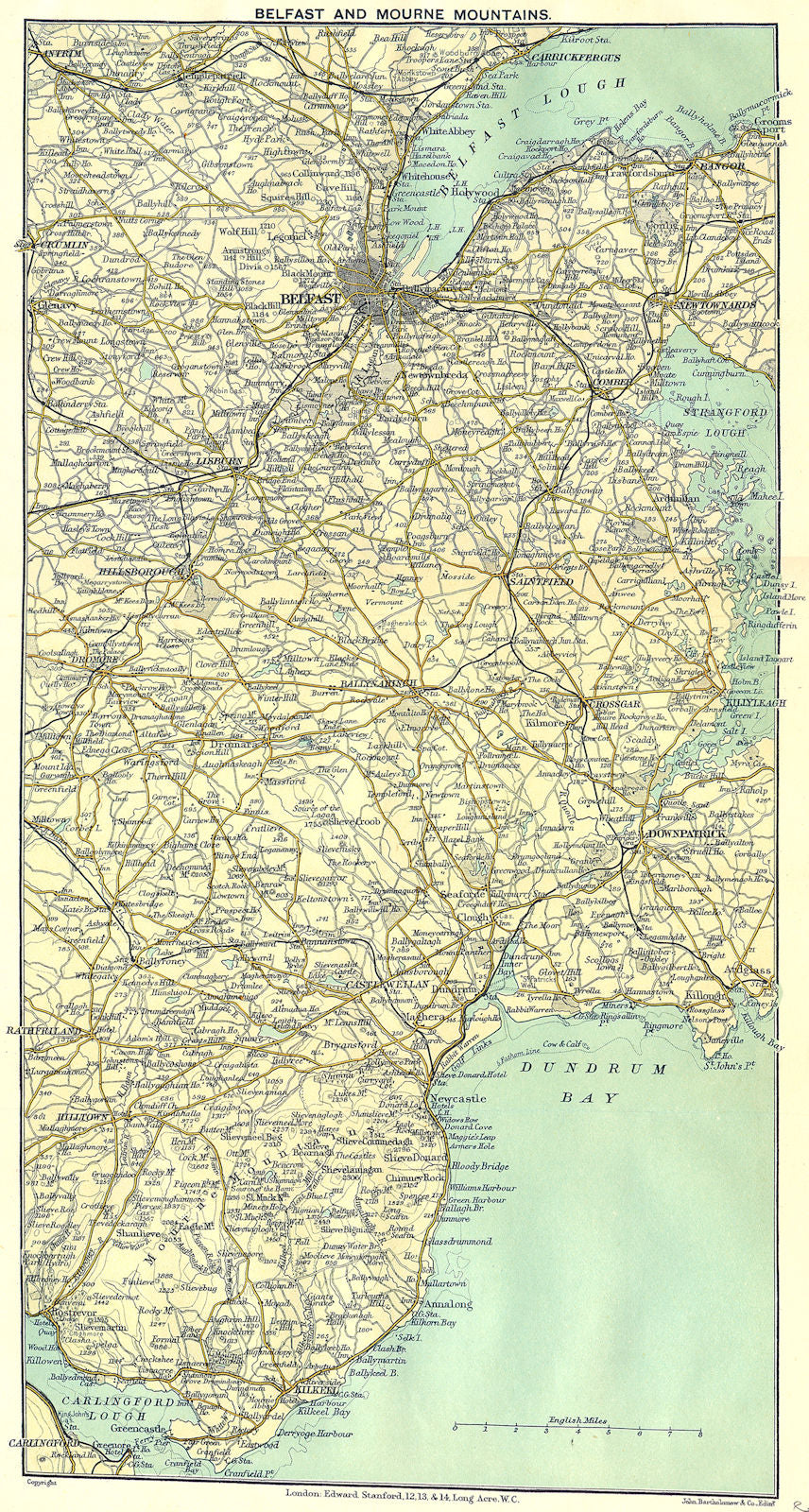 IRELAND. Belfast & Mourne Mountains 1912 old antique vintage map plan chart