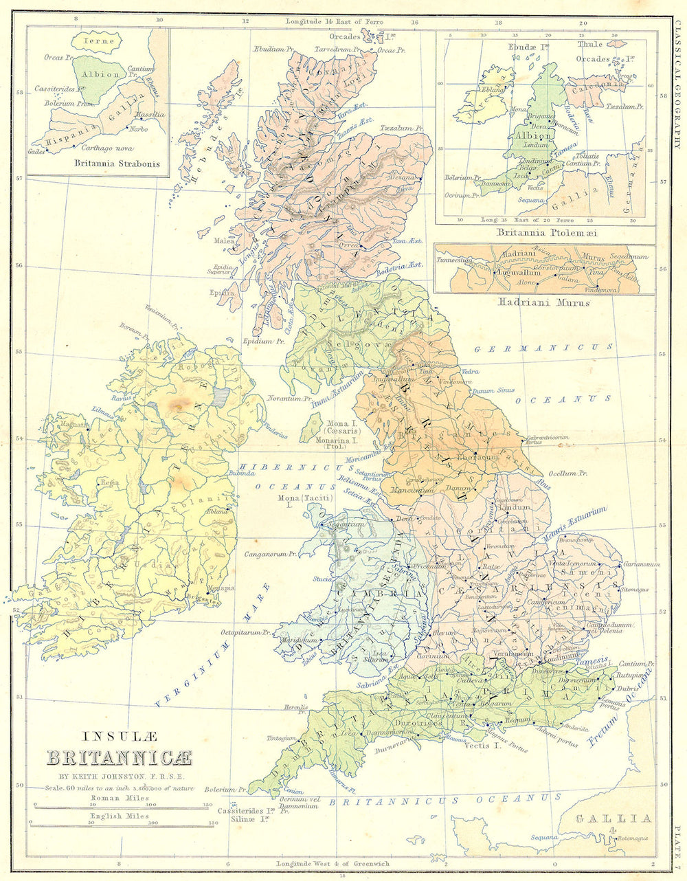 Britannia Strabonis. Ptolemaei; Hadrian's wall 1880 old antique map plan chart