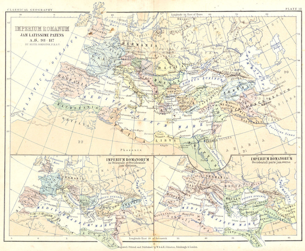 ROMAN EMPIRE. Jam Latisisime Patens AD 98-117 1880 old antique map plan chart