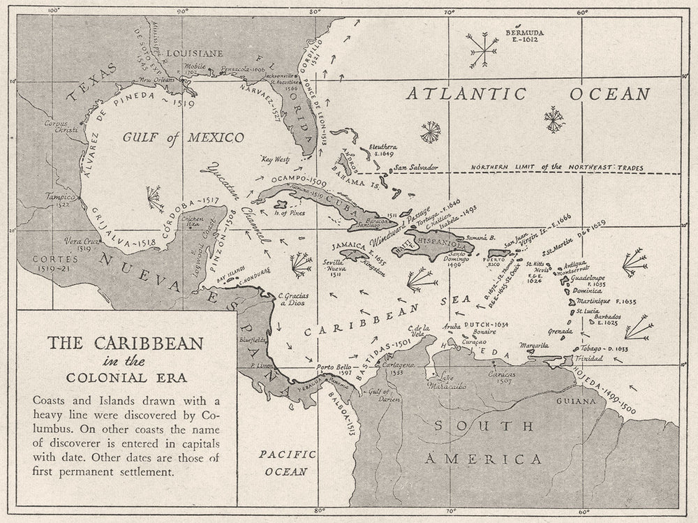 WEST INDIES. 1600-1660. Caribbean, Colonial Era, sketch map 1942 old