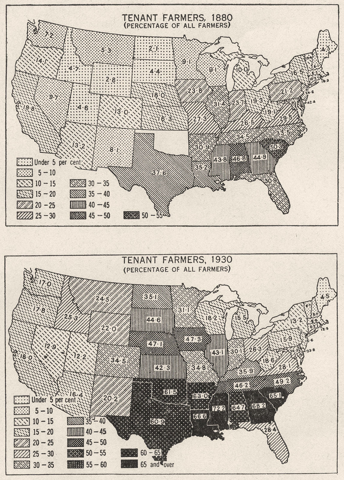 USA. Agriculture. Tenant Farmers, 1880(% of all); 1930(%) sketch map ...