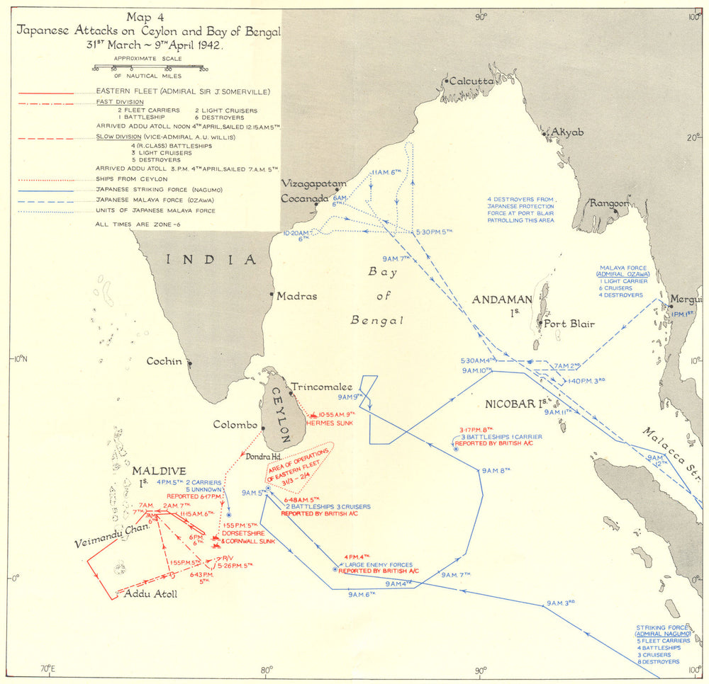 SRI LANKA. Japanese attacks, Sri Lanka & Bay of Bengal March-Apr 1942 1956 map