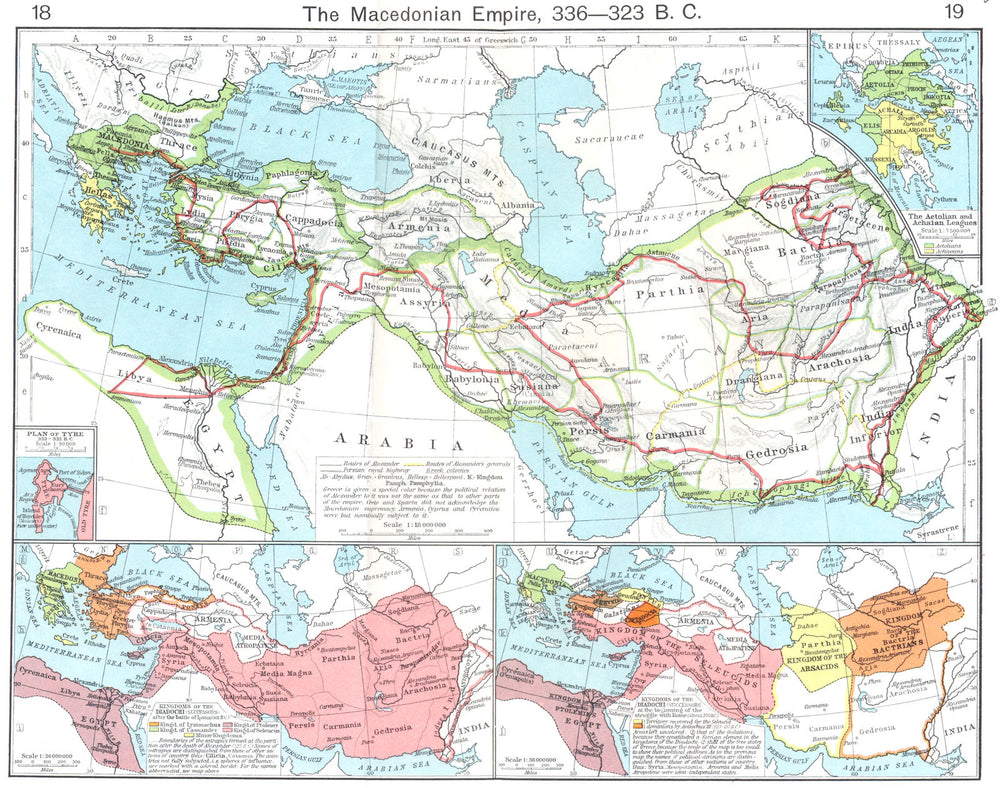 MACEDONIAN EMPIRE. 336 BC; Tyre; Diadochi; Aetolian & Achaian League 1956 map