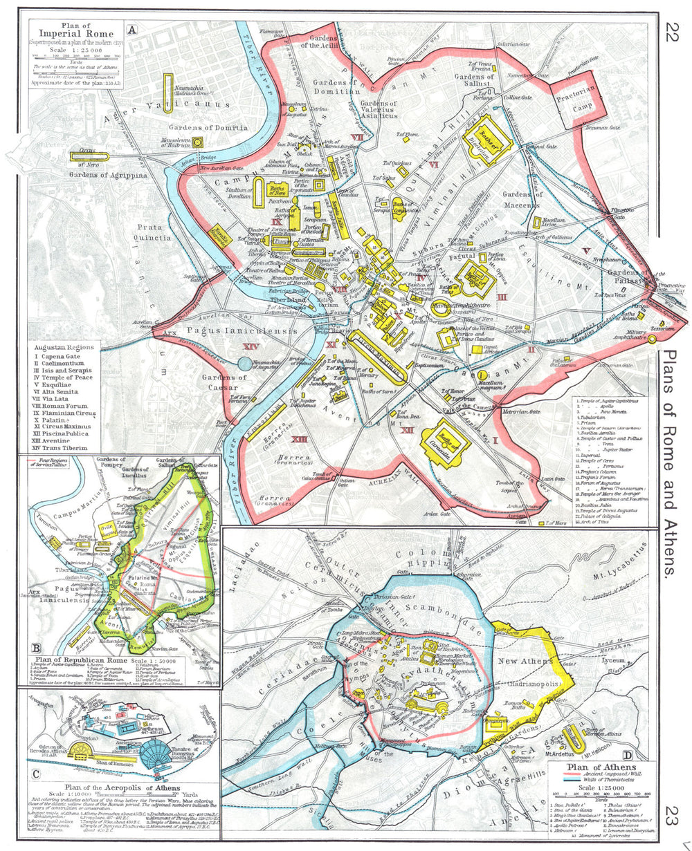 ROME. Plan Imperial; Insets. Republican; Acropolis of Athens;  1956 old map