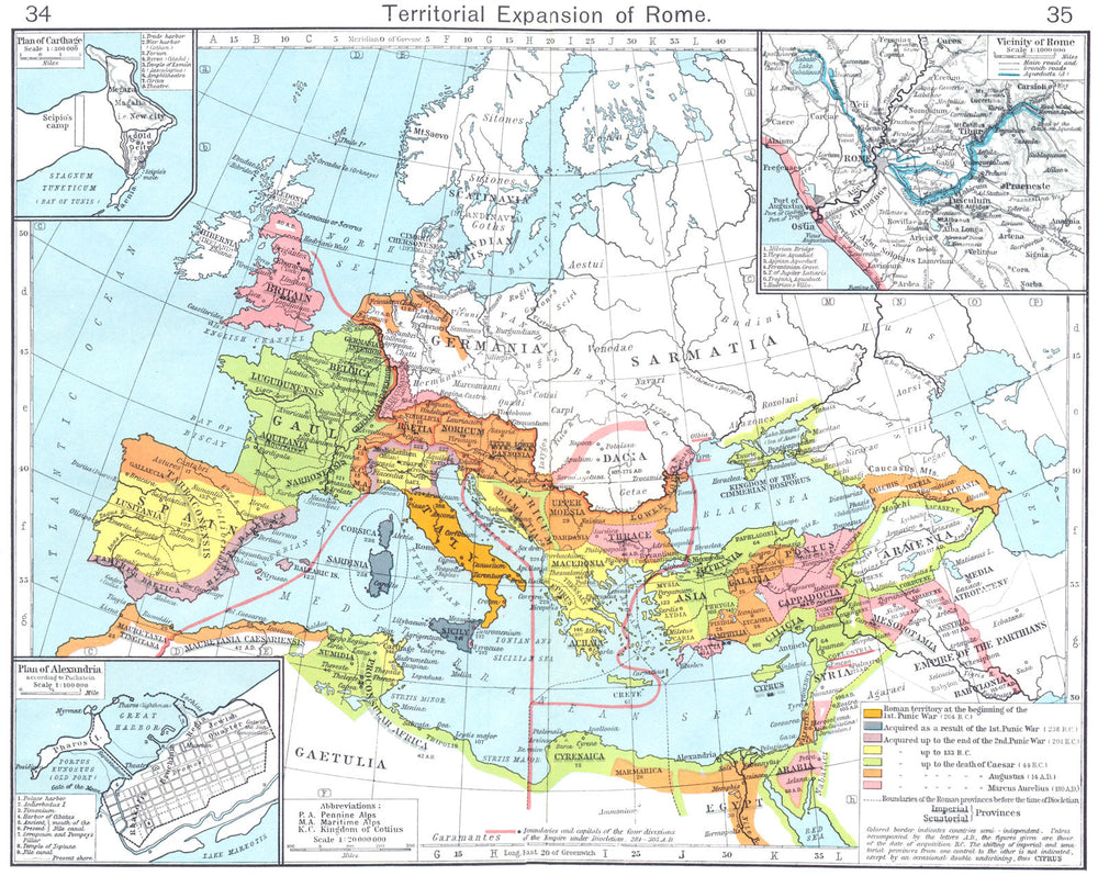ROMAN EMPIRE GROWTH. Rome; Carthage; Alexandria to Puchstein 1956 old map