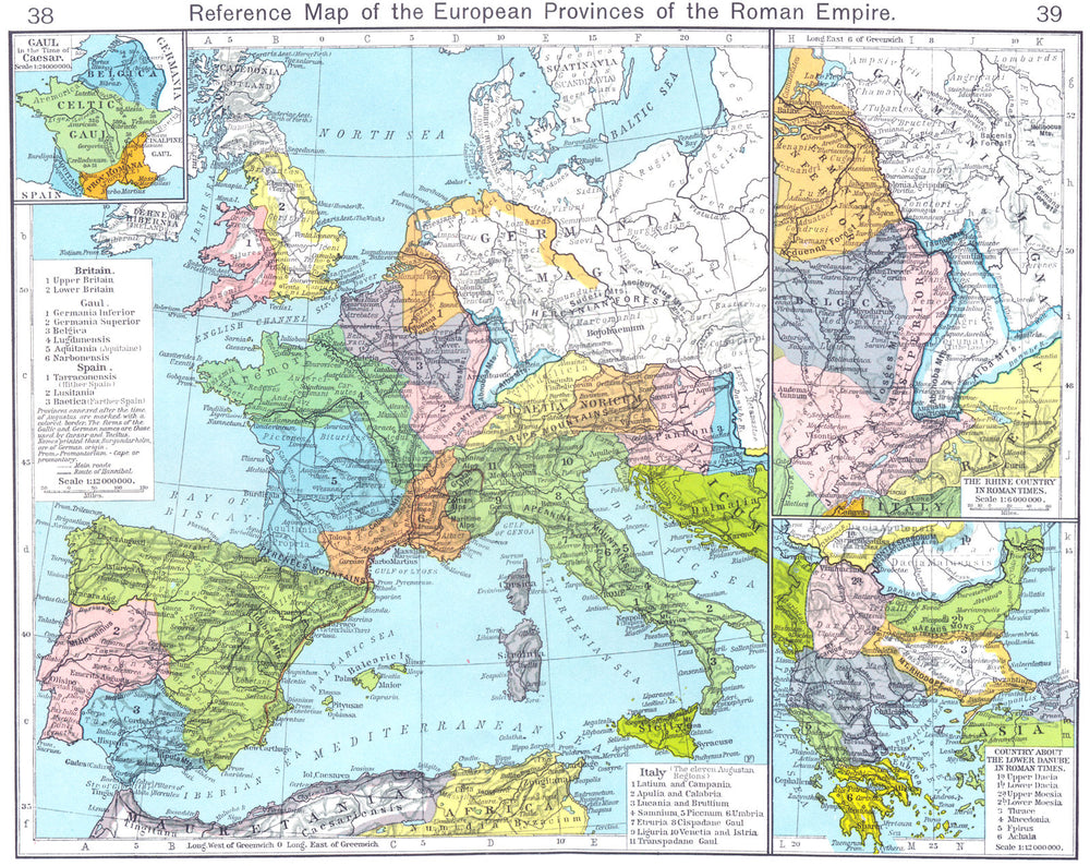 ROMAN EMPIRE. European Provinces; Gaul, Caesar; Rhine; Lower Danube 1956 map