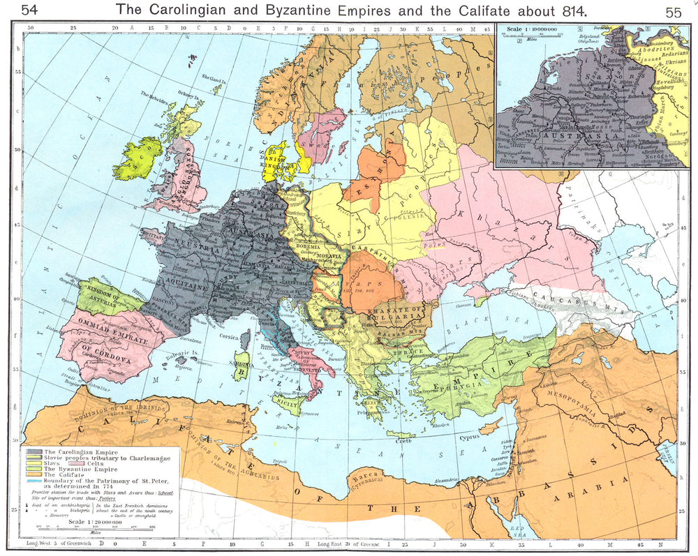 EUROPE. Carolingian & Byzantine Empires & Califate c.814; Austrasia 1956 map