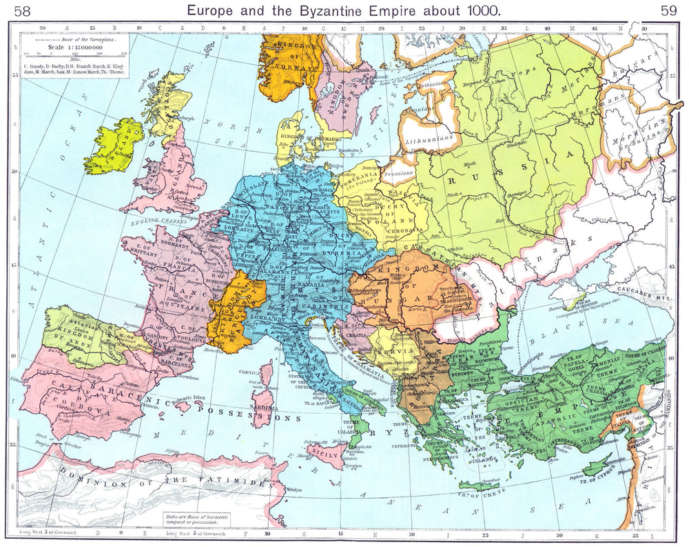EUROPE. Europe and the Byzantine Empire about 1000 1956 old vintage map chart