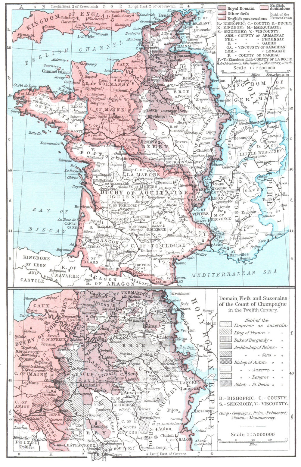 FRANCE. 1154-84; Domain Fiefs & Suzerains of Count Champagne, 12C 1956 old map