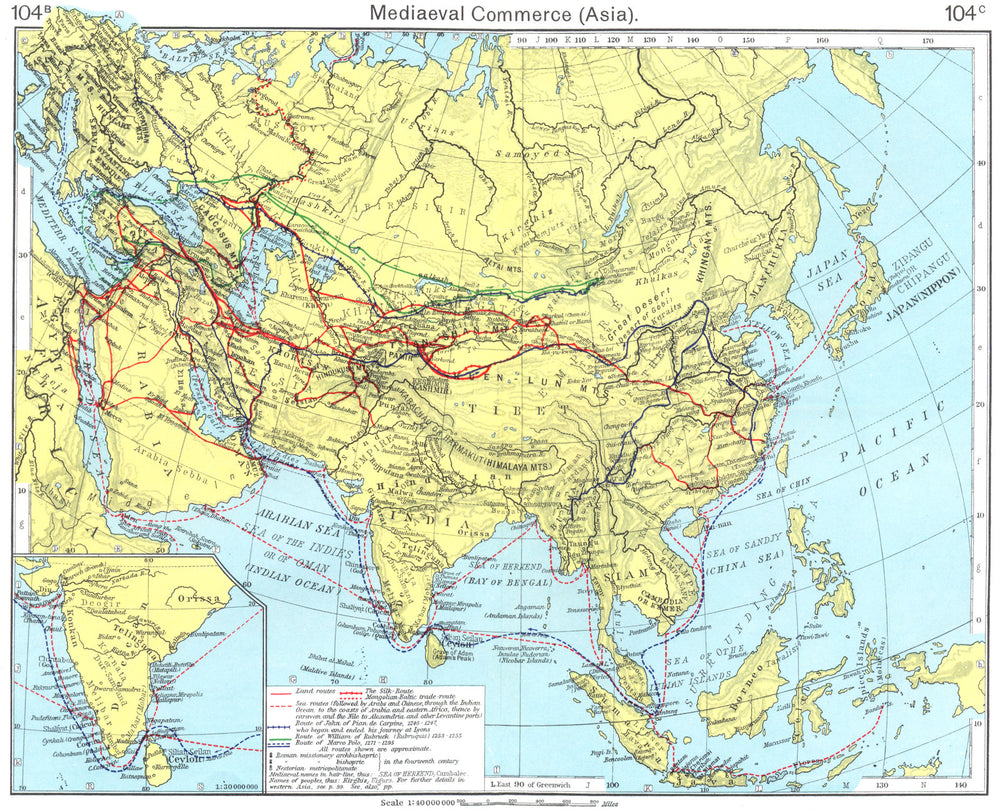 ASIA. Mediaeval Commerce(Asia); Inset map of India 1956 old vintage chart