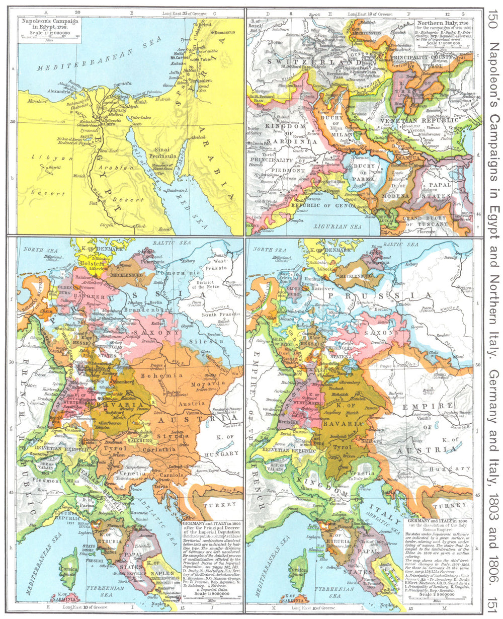 NAPOLEON'S CAMPAIGNS. Egypt, Northern Italy, Germany & in 1803 1806 1956 map