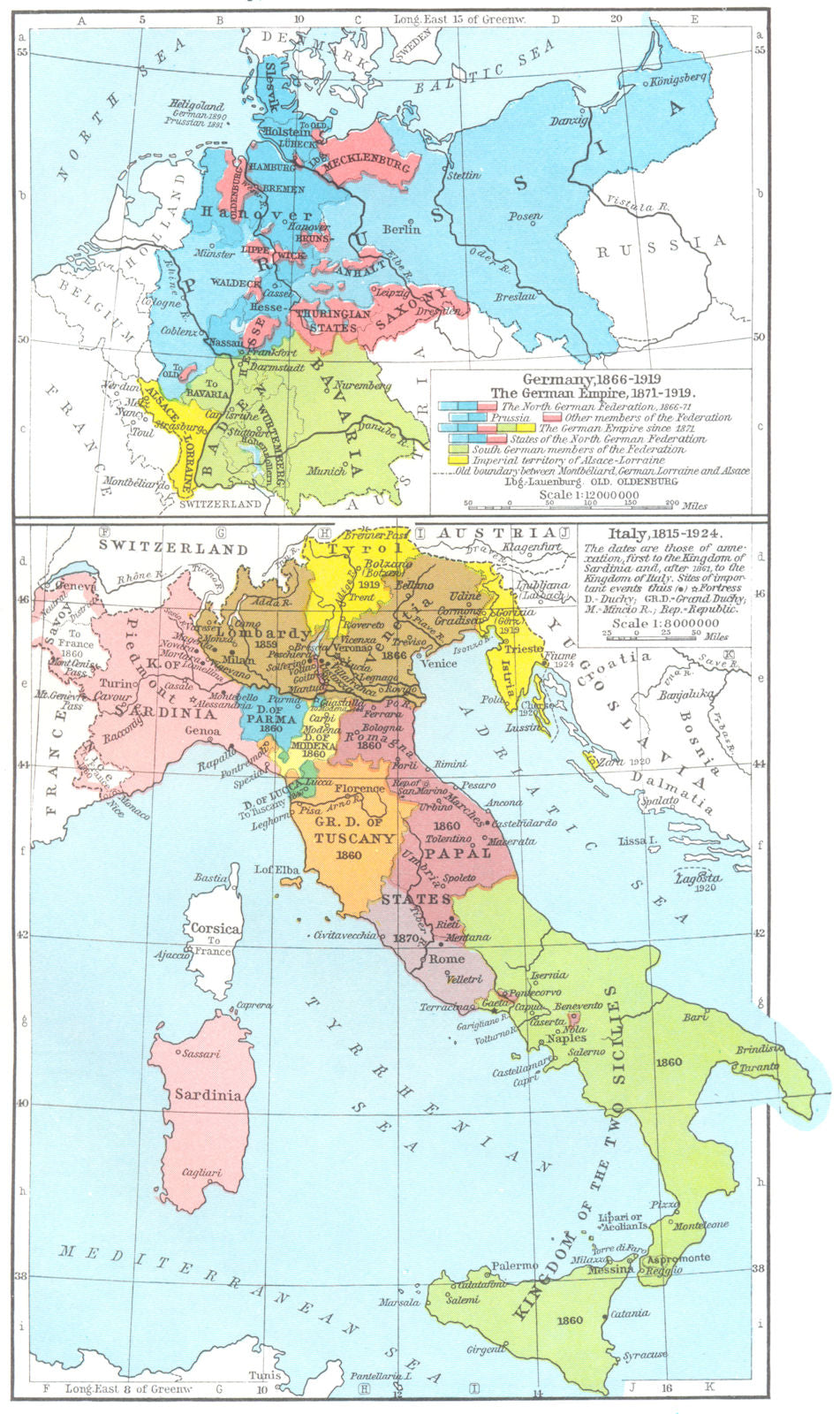 GERMANY. 1866-1919 German Empire, 1871-; Italy, 1815-1924 1956 old vintage map