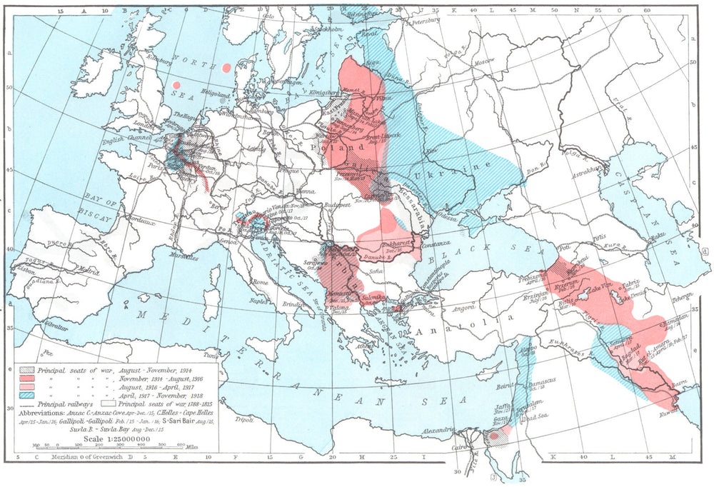 EUROPE. Principal seats of War, 1914-1918 1956 old vintage map plan chart
