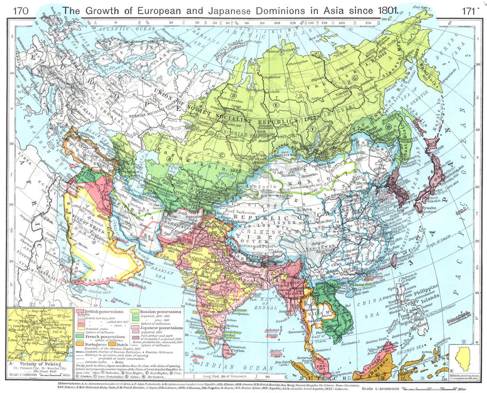 ASIA. Growth of European & Japanese Dominions in from 1801; Beijing 1956 map
