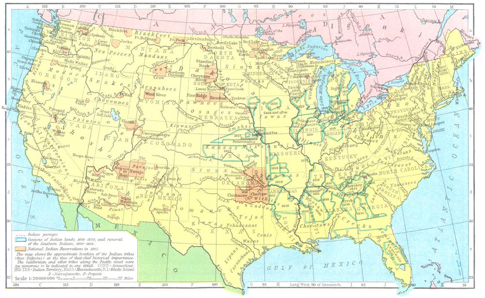 USA. The Indians in the United States to 1905 1956 old vintage map plan chart