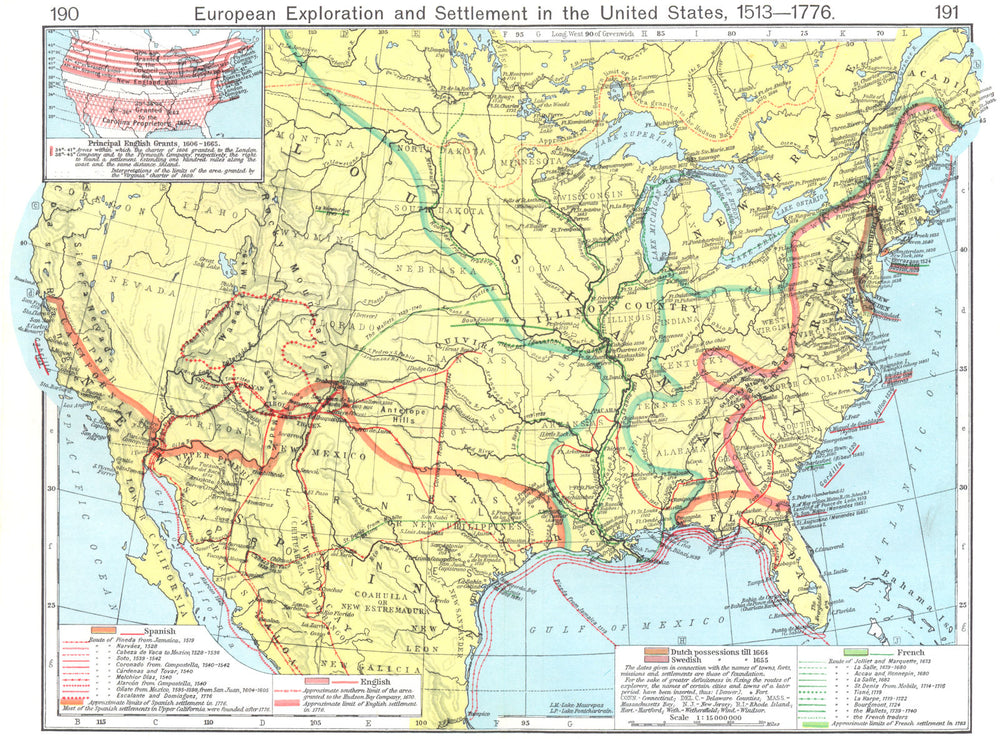 USA. European Exploration Settlement 1513-1776; English Grants 1606-65 1956 map
