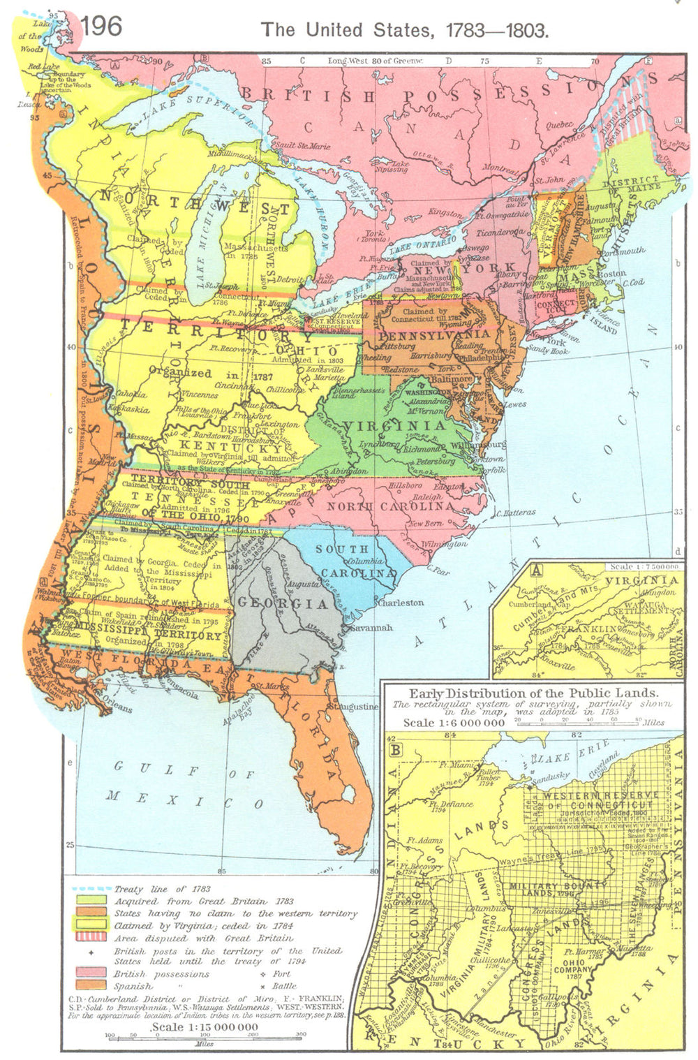 USA. US, 1783-1803; State of Franklin; Early Public Lands(Ohio) 1956 old map