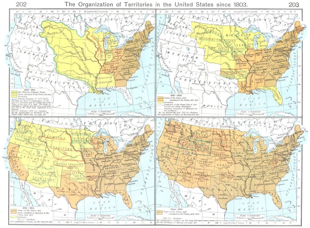 USA. Organization of Territories, US since 1803. 1810, 1835 & 1855 1956 map