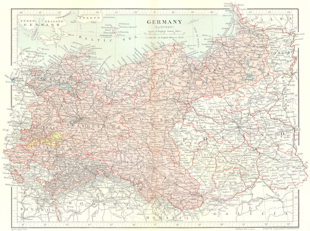 EASTERN GERMANY. Prussia Brandenburg Pomerania Saxony Poland. STANFORD 1906 map