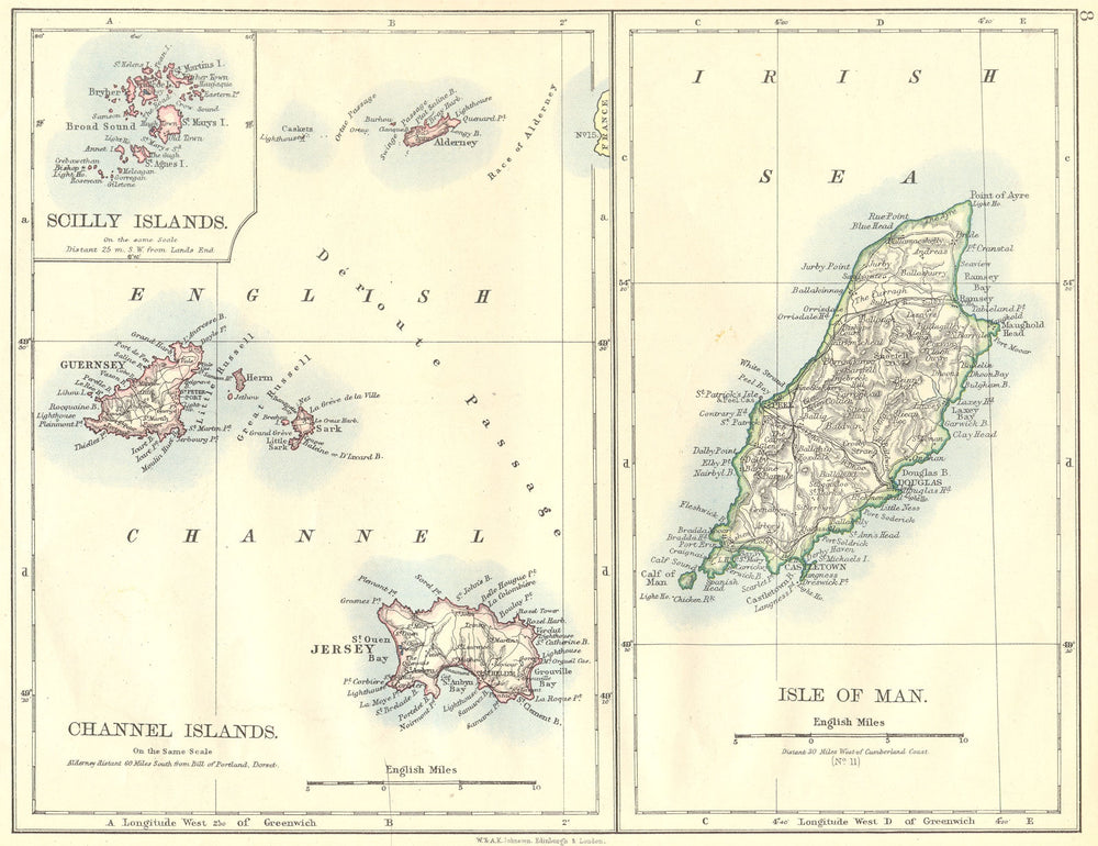 IOM. Isle of Man; Channel Islands; map Scilly 1897 old antique plan chart