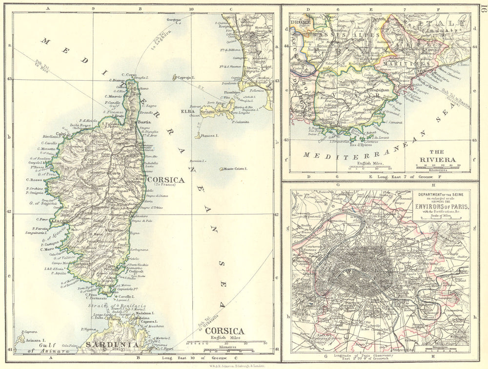 FRANCE. Corsica; Riviera; Dept of Seine, enlarged area Paris with Fort 1897 map
