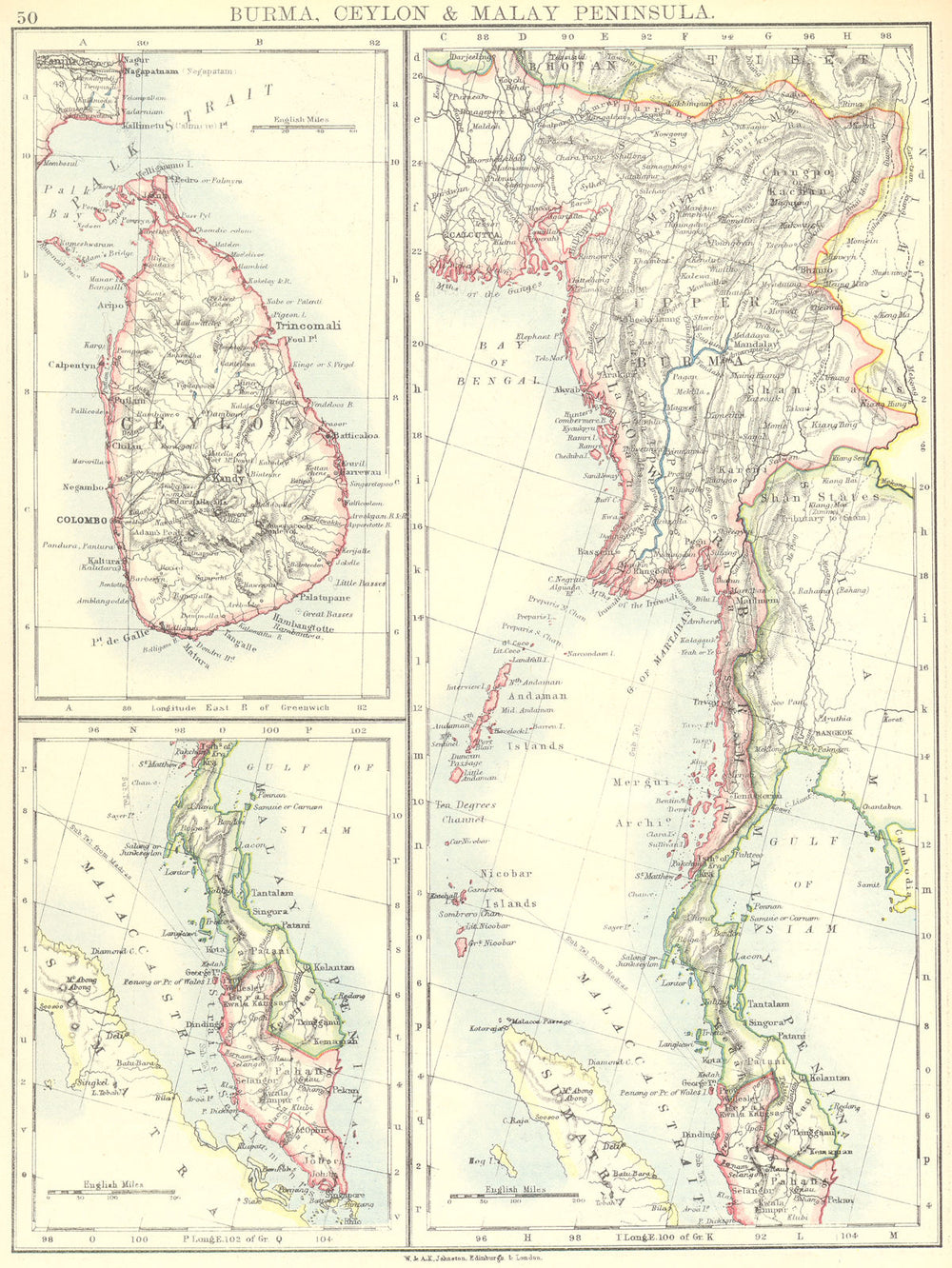 BURMA. Ceylon; Sri Lanka; Malay Peninsula; Singapore 1897 old antique map