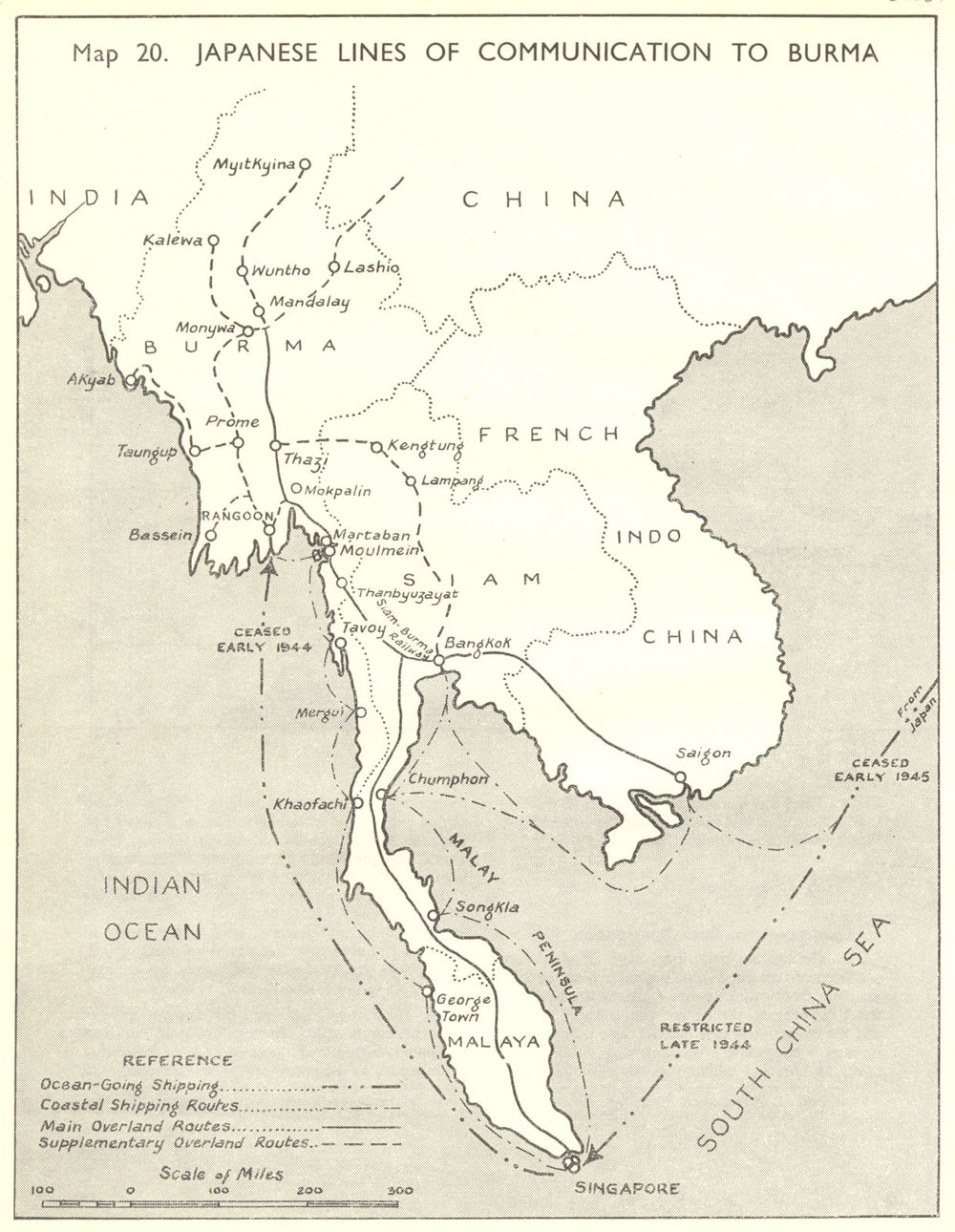 BURMA. July to Nov, 1944. Japanese Lines of Communication 1951 old vintage map