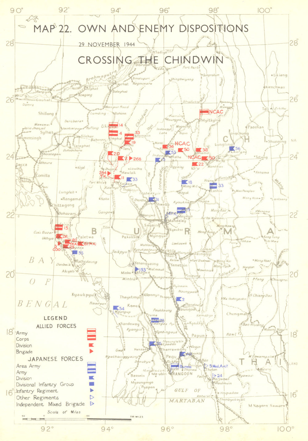 BURMA. July to Nov, 1944. Own & Enemy positions crossing Chindwin-29th 1951 map
