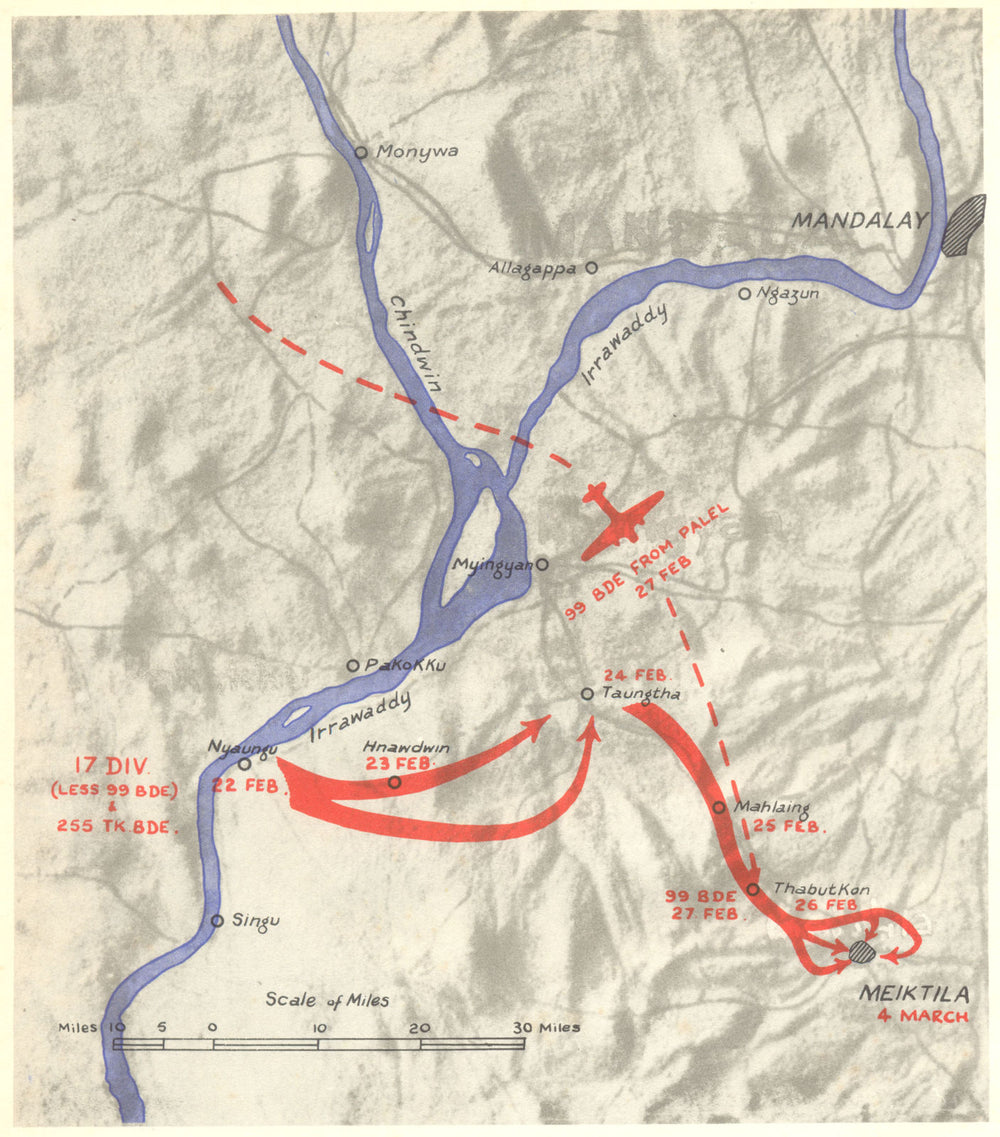 BURMA. February and March, 1945. Assault on Meiktila 1951 old vintage map